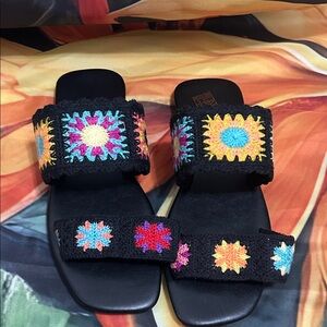 Black Sandals with Multicolor Crochet